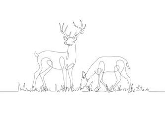 Fototapeta na wymiar Deer linear icon. A pair of deer with grass in continuous line art drawing style. Continuous line drawing of deer with grass. Deer in abstract and minimalist linear icon. Vector illustration