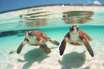 two sea turtles gracefully swimming in the open ocean Generative AI