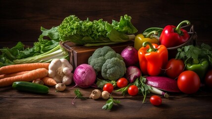 Delicious fresh various vegetables on wooden table Generative AI
