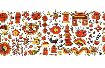 Chinese New Year Holiday. Horizontal line seamless pattern background. Vector illustration for fabrics, wallpaper, wrapping etc