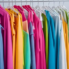 Colourful clothes on clothing rack, Rainbow color clothes choice on hangers