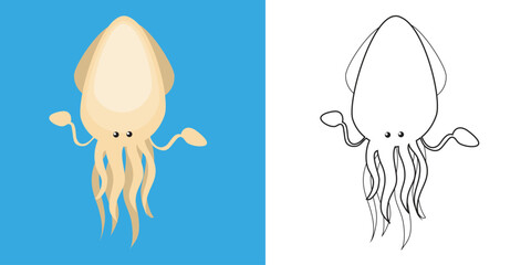 Cute cartoon animal coloring page. Coloring the squid sea animals worksheet. Coloring activity for children. Printable educational printable coloring worksheet. Vector file.