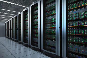 Power Hub Server Room Interior in a High-Tech Datacenter. created with Generative AI