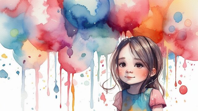 child with balloons watercolor design Generative AI