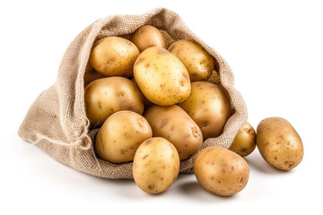 Close-up of Ripe Potatoes in a Burlap Bag on a White Background. created with Generative AI