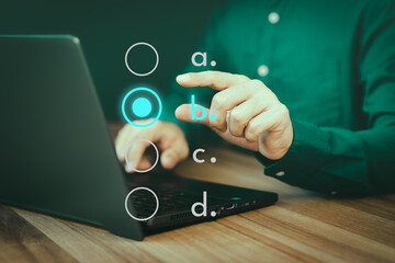 Adult man using a laptop tick correct sign mark for document approval and checklist planning...