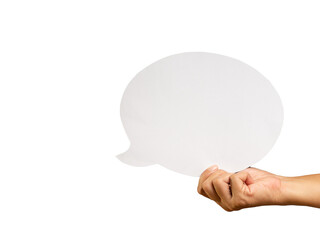 Fototapeta Close-up of hand holding a blank white speech bubble while standing against a transparent background obraz