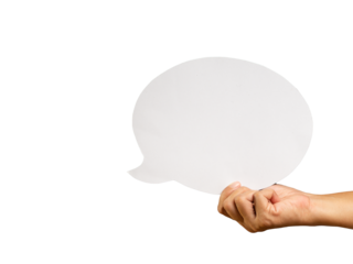 Close-up of hand holding a blank white speech bubble while standing against a transparent background