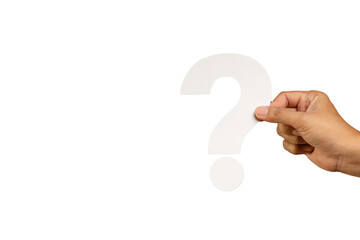 Hand holding a white question mark symbol against a transparent background