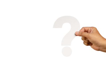Hand holding a white question mark symbol against a transparent background