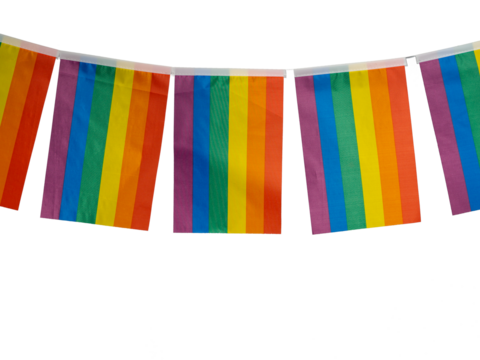 Rainbow flags hanging against a transparent background