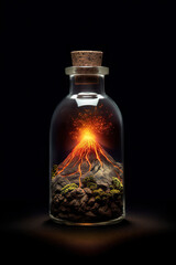Erupting Volcano with Fiery Lava Flowing Out, Encased in a Bottle Against a Black Background. created with Generative AI