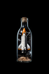 Journey to the Stars: Space Shuttle Embarked on a Cosmic Adventure, Encased in a Bottle Against a Black Background. created with Generative AI