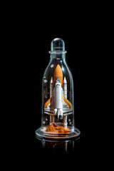 Journey to the Stars: Space Shuttle Embarked on a Cosmic Adventure, Encased in a Bottle Against a Black Background. created with Generative AI