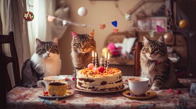 Cat birthday party. Kitten celebration with cake and ice cream and candles. Pet party. Party animal.