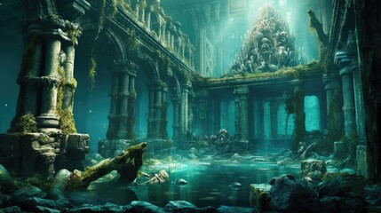 Under the sea. Underwater mystical ruins. Lost city of Atlantis. Sunken treasure ocean world. 