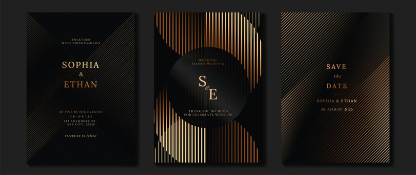 Luxury wedding invitation card background vector. Golden elegant geometric shape, gold wavy lines on dark background. Premium design illustration for wedding and vip cover template, banner, poster.