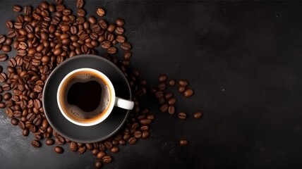 Naklejka premium cup of coffee with beans on black background Generative AI