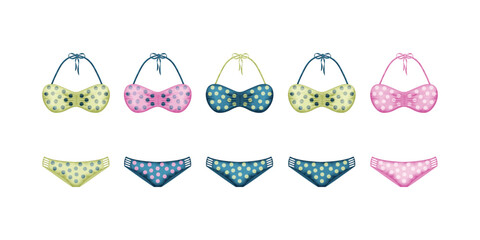 A set of swimwear in polka dots. A separate swimsuit in blue and yellow. Collection of colored swimsuits. Clothes for a beach holiday. Women s clothing. Vector illustration