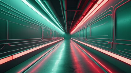Fototapeta na wymiar Futuristic underground corridor with colorful lights Generative AI