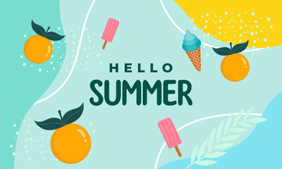 Hello Summer Background, Summer season Sale banner with pieces of tropical ripe orange fruit, bright design with plant. Vector illustration with text