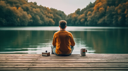 Lakeside Retreat: Young Man Embracing Freedom and Relaxation on the Pier with a Cup of Coffee. created with Generative AI