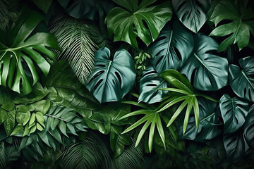 Panoramic Green Leaves Background with Monstera, Palm, Coconut, Fern, and Banana Leaves. created with Generative AI