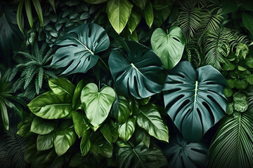 Panoramic Green Leaves Background with Monstera, Palm, Coconut, Fern, and Banana Leaves. created with Generative AI