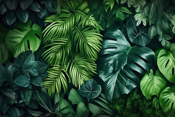 Naklejka na ściany i meble Panoramic Green Leaves Background with Monstera, Palm, Coconut, Fern, and Banana Leaves. created with Generative AI