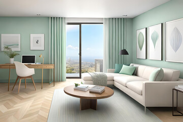 comfort and style with this exquisite living room interior, The room exudes a timeless elegance, with its plush furniture, tasteful decor, and a harmonious color palette, Natural light pours in room