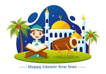 Happy Muharram Vector Illustration with Kids Celebrating Islamic New Year in Flat Cartoon Hand Drawn Landing Page Background Templates