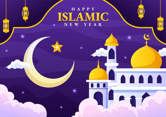 Obraz na płótnie Canvas Happy Muharram Vector Illustration with Celebrating Islamic New Year in Flat Cartoon Hand Drawn Landing Page Background Templates
