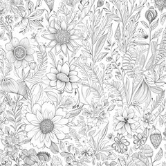 Pencil Drawn Floral Pattern On White Background Illustration