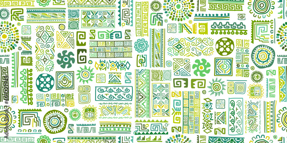 Fototapete Ethnic handmade green ornament, seamless pattern