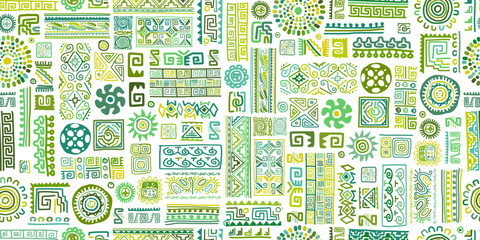 Ethnic handmade green ornament, seamless pattern
