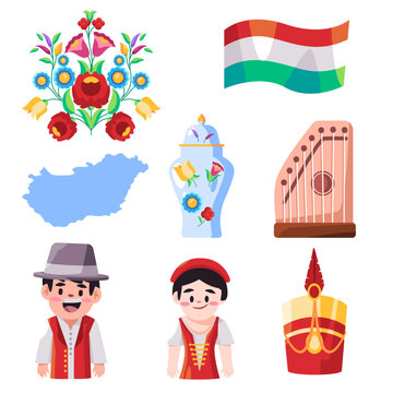 Hungary object icon set collection flower embroidery vase map flag boy girl wearing traditional clothes