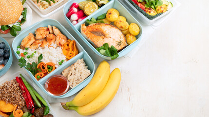 Restaurant healthy food delivery in take away boxes for daily nutrition on white background.