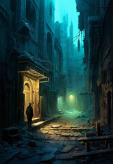 Fototapeta premium Mystic Whispers: Unraveling the Enigma in Moonlit Alleys. Generative AI 