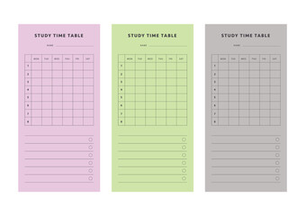 (Fashion) Study time table planner. Minimalist planner template set. Vector illustration.	 