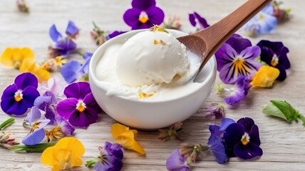 Obraz na płótnie Canvas Delicious vanilla ice cream with colorful flowers Generative AI