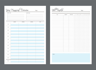 Year Financial Overview and Bill Tracker planner. Minimalist planner template set. Vector illustration.	 