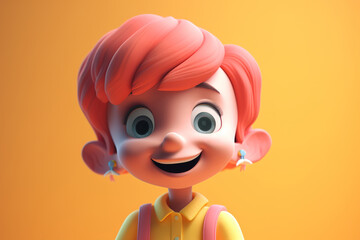 Obraz na płótnie Canvas Avatar of cheerful charming caucasian girl with pink hair on yellow background, portrait of joyful stylish child. Volumetric doodle illustration of Generative AI