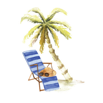 The composition of the sea beach is a palm tree, a sunbed, a hat and sunglasses highlighted on a white background. Watercolor