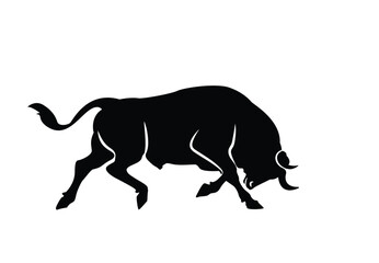 Quality black and white vector silhouette of a bull standing and ready to charge and fight.