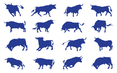 vector collection of blue bull, silhouettes and shadows. Grunge bull and matador, vector 