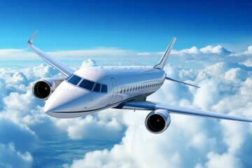 Fototapeta na wymiar Business travel concept, luxury private jet flying in blue sky - Generative AI