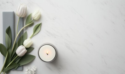bouquet of tulips and lit candle on marble table with copy space  Generative AI
