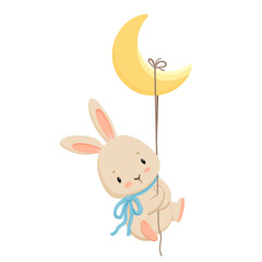 Cute bunny with bow hanging on moon. Lovely rabbit character illustration. Hare with crescent moon isolated on white