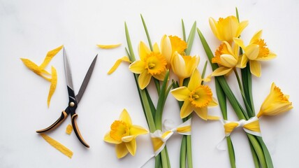 Beautiful bouquet of yellow daffodils with scissors Generative AI