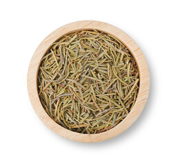 Dried rosemary leaves in a wooden bowl top view